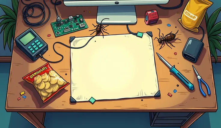 First-person top-down view of a cartoon-style electronics workbench. The center of the workbench is empty, while the edges are filled with typical electronics tools like screwdrivers, wires, and circuit boards. Around the workbench, include humorous elemen...