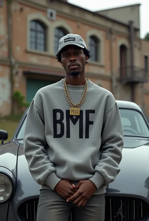 Generer limage 3D dun jeune homme noir portant un pull gris ecrit maxime dessus avec un chapeau gris ecrit max à lavant. Il porte une chaine au cou marquée BMF ecrit en gros caractere et trop visible. Il est à côté de sa voiture devant un immeuble abandonn...