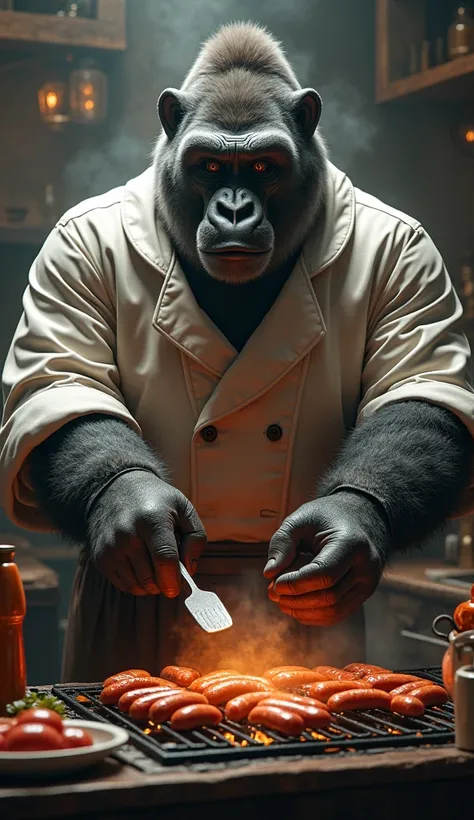 • Gustavo the Gourmet Gorilla: A burly silverback gorilla grilling sausages over an enchanted stove that emits a faint golden glow. He wears a custom-made chef’s coat, and floating utensils assist him as he expertly flips each sausage with precision.