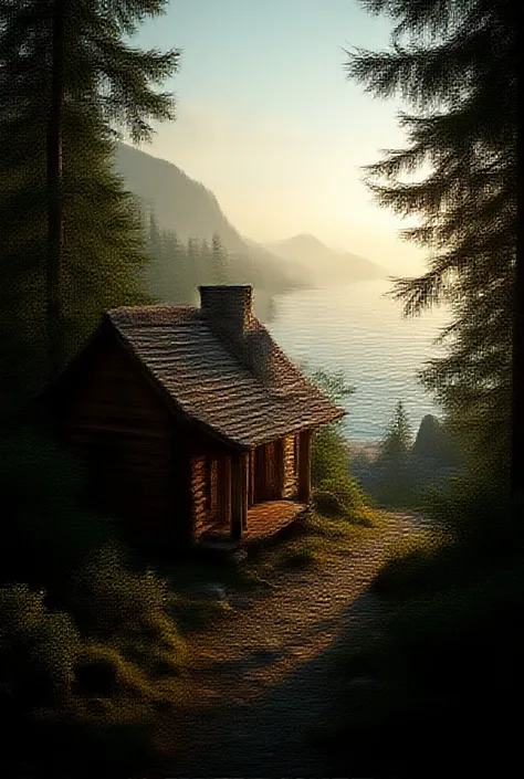 Log house in forest by beach and sea, realistic, sunset, 