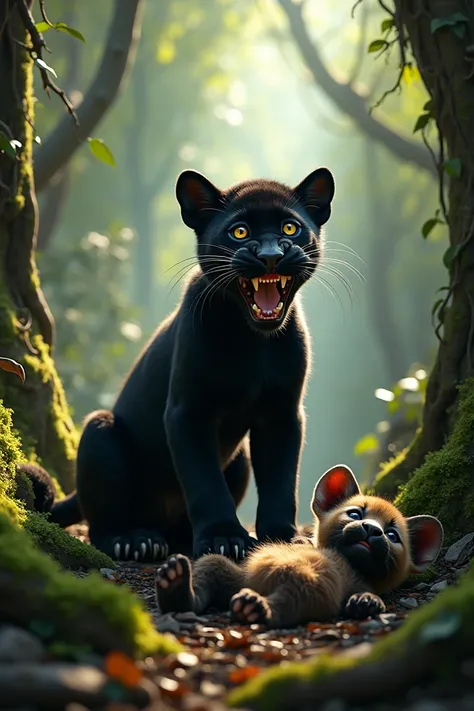 "A small cute baby of black panther cub wide open its mouth with sleek, shadowy fur and intense, glowing eyes stands triumphantly over the motionless body of a small cute baby Hayena cub in the heart of a dense forest. The hyperrealistic scene captures the...