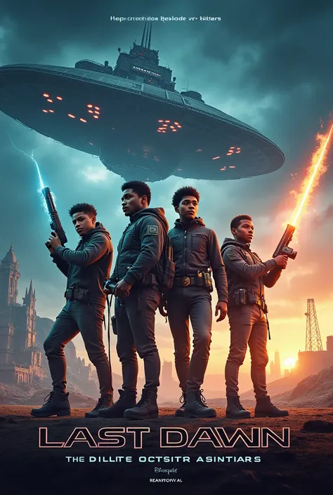 "An epic and dynamic movie poster for a science fiction series, set in a post-apocalyptic Earth, with ren as the central characters. The poster features four diverse young boys standing boldly in the foreground: Galla Guyrol Junior, Yakam Aquilas Odidon, M...