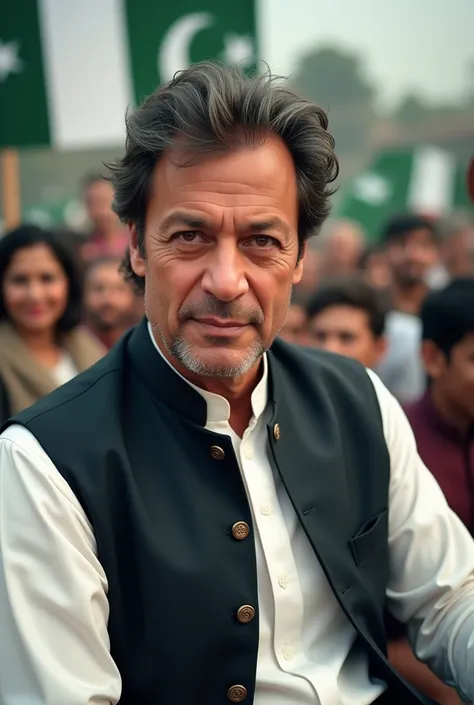 "Generate a highly realistic image of Imran Khan, a South Asian political leader and former Prime Minister of Pakistan. He has salt-and-pepper hair, a sharp jawline, and is wearing a white kurta with a dark waistcoat. His expression reflects confidence and...