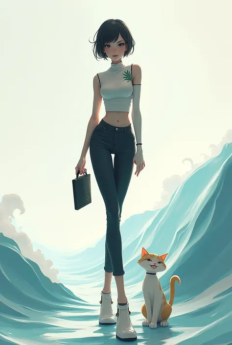 Girl tall modern character for game wave with cat