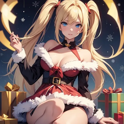 1girl, Solo, High Resolution, Masterpiece, Best Quality, Super Detailed, Twintails, Blonde Hair, Blue eyes, Breasts, whiskers, xmas outfit 
