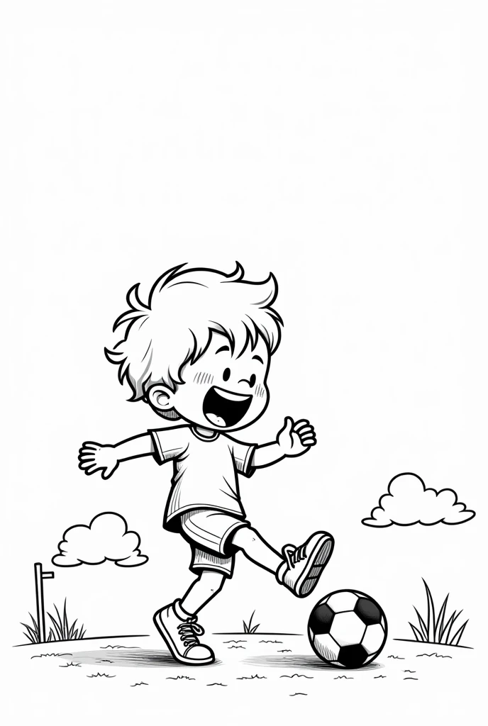 "A black-and-white illustration of a boy playing soccer, designed for a rens coloring book. The boy is joyfully kicking a soccer ball, with an energetic pose and a playful expression. The design uses thick, bold, and heavily marked lines for a clear and st...