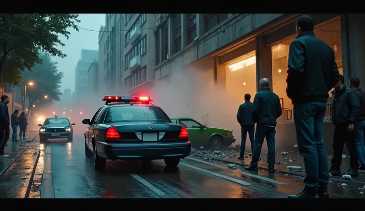 Cinematic scene, A police car approaching the scene of an accident, (an green accident car still in brokerage building:1.3), detailed, realistic, photorealistic, 4k, high-resolution, cinematic lighting, dramatic composition, rainy weather, emergency lights...