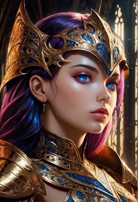 A beautiful young woman in a detailed bikini armor, hyperrealistic, extremely detailed face, piercing eyes, glossy lips, long eyelashes, intricate armor design, shiny metal textures, dramatic lighting, cinematic composition, vibrant colors, fantasy, digita...