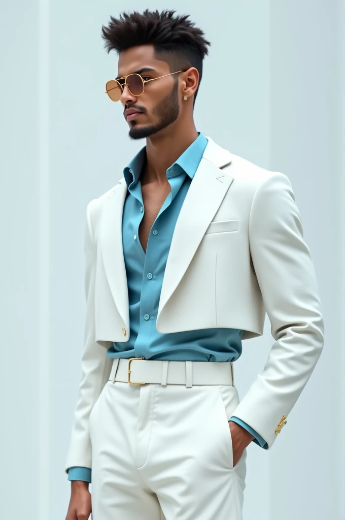 A man wearing white crop top suit with an powder blue inner shirt