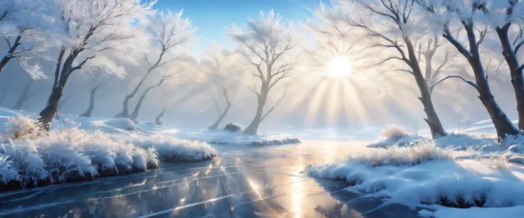 at winter season，Oyuki，snow landscape，Rime，rays of sunshine，thin fog，Dingdall effect，super-fine，tmasterpiece，8K，depth of fields，ultra - detailed，Meticulous portrayal，Ultra photo realsisim，Hyper-realistic