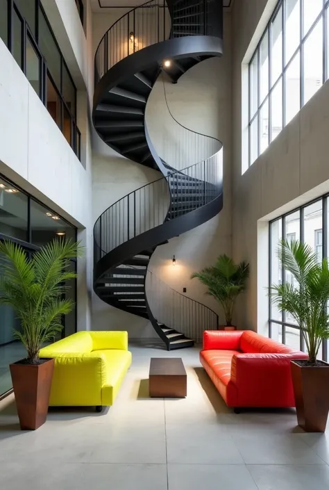 "A contemporary art gallery in a neo-brutality style. Polished concrete walls in light grey tones contrast with frosted glass and brushed steel elements. A minimalist spiral staircase in matte black metal connects the floors. Recessed LED lighting creates ...