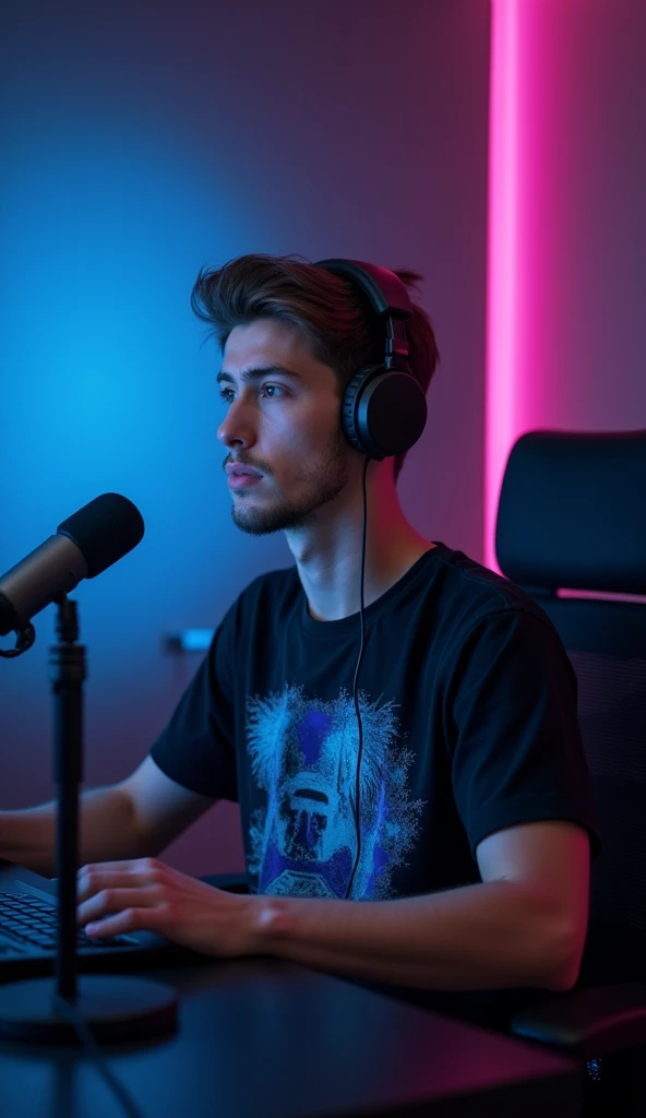 A 20 years old man is sitting in front of a computer desk he has a mic and a laptop and the background is cinematic lights and he is wearing a dark black and blue t shirt