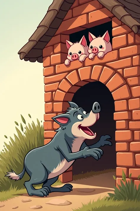  Cartoon illustration of a wolf blowing at the door of a brick house. Three little pigs appear out of a window of the house .