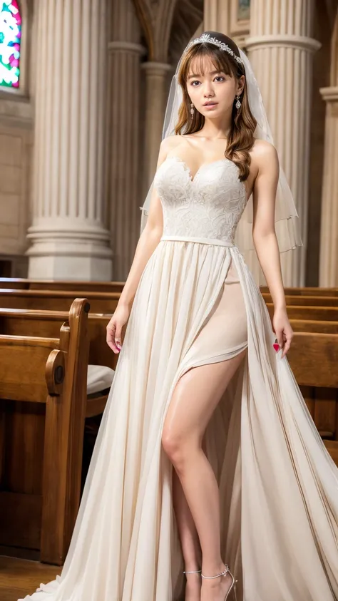 A beautiful young Japanese woman, 26 years old, with healthy thighs, beautiful legs, flawless skin, random hair color and style, large breasts, wearing a (wedding dress:1.3), full body shot, high heels, holding a bouquet in her hands, in a church setting, ...