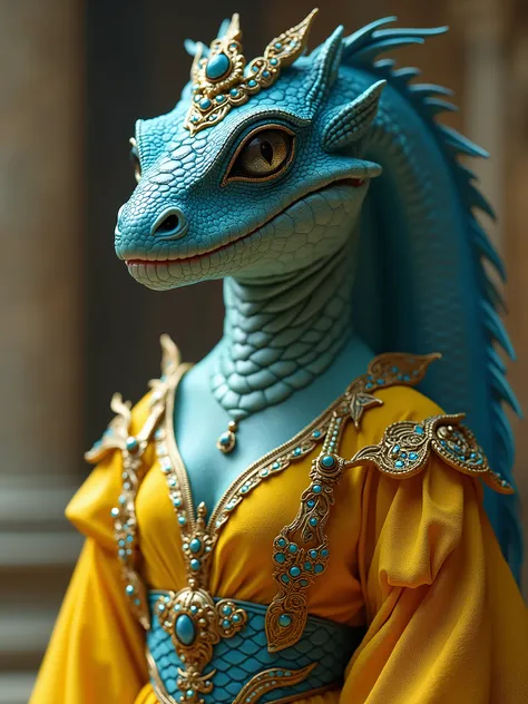 Epically beautiful reptilian princess, dressed in blue and yellow clothing, high detail figure, cinematic style