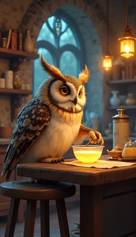 • Otto the Organized Owl: A wise owl perched on a stool, carefully measuring ingredients into a glowing mixing bowl. The kitchen is filled with scrolls and ancient recipes, and the shelves are stacked with magical tomes. Floating lanterns cast a warm light...