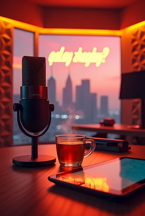 scenario:  stand Recording studio with neon lighting and the inscription “QALAY ZHAGDAY ?”, microphone,  tea and a beautiful view from the window that creates a sense of brightness and modernity

Scene description :

background:
	 • The studio is decorated...