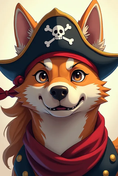 Strong dog face 、 pirate dog with helmet 、front、Face only、Pirate Style、 anime style、 beautiful coat 、 has large eyes、 eyes clear、 background is cream colored 