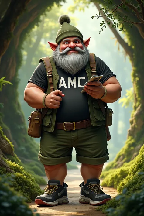 A male elf in a grotto. He is wearing a black t-shirt with AMC on it in white text. He is stocky and wearing shorts with trainers. He has kind eyes with a mousey grey beard. He is carrying a clipboard, wearing a traditional elf waistcoat. He has a matching...