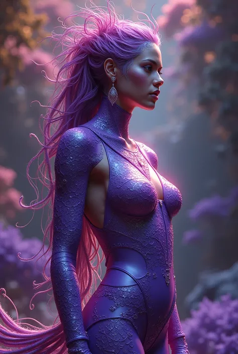 ( masterpiece ,  higher quality ,  best quality , Art officiel,  Beautiful and aesthetic :1.2), (1fille:1.3),  extremely detailed,(art fractal:1.1),(colored:1.1)(:1.3), Very detailed ,(tangled:1.2), whole body, ( purple jumpsuit :1.3), (Shiny skin), (plusi...