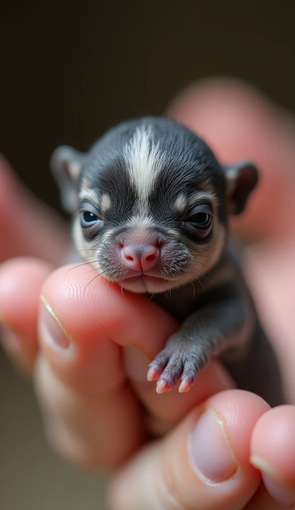 
 photorealistic macro shot of a miniature newborn bulldog with the thumb of a human hand on it。 highlighting the delicate features of a baby bulldog ： deep neckline 、The tuft of soft hairs 。Small creatures、 clings to the thumb with its tiny feet 。A close-...