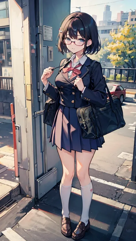 masterpiece,  Best quality, Super Fine, illustration,, ( between breasts is fully equipped:1.4), 1 Girl,  glasses,  small breasts, tie, skirt, Bag, School Uniform,  dark haired, Outdoors, road, Between breasts, street, school Bag, Ground Vehicles, Communit...