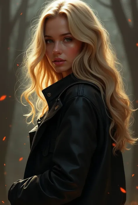 blonde with long hair in a Black jacket   alluring portrait, intricate, highly detailed, digital painting, artstation, concept art, naughty, sharp focus, cinematic lighting, illustration, art by artgerm and greg rutkowski, alphonse mucha, cgsociety