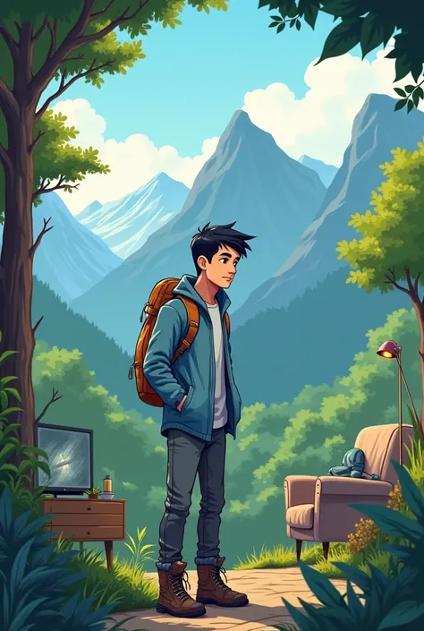 

"A highly detailed and polished digital illustration featuring a young man with short black hair, light stubble, and a casual yet athletic build. He is wearing a blue hiking jacket, dark gray pants, and sturdy brown boots.   The  scene portrays the same ...