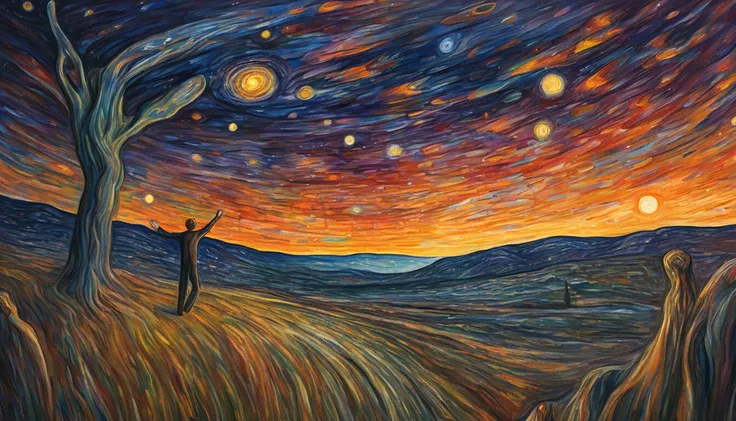 Edvard Munch style oil painting, psychedelic art (drdjns style), a man is reaching for the stars, pulling the stars down to earth, 8k, hdr, masterpiece, award winning art, brilliant composition