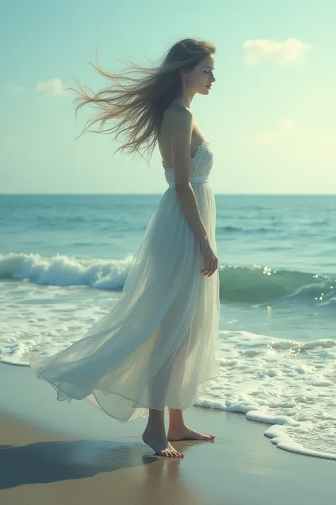 A girl standing alone on the sea shore, her hair is flying in the air, the wave is waving. 