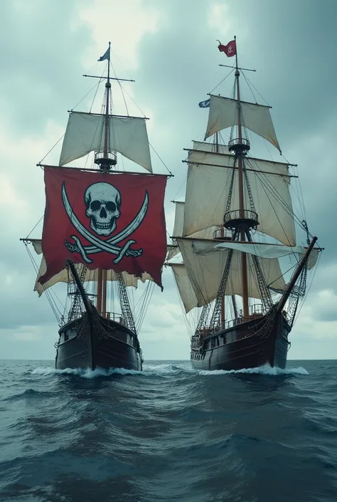  is a pirate ship with a length of {x} ( is 30 meters ) The width of  ( 10 meters )
  In the middle of the sea on a windy day
A red pirate flag with a skull and a sword
Next to it is another pirate ship on the side
Cinematic, dramatic, pirate war, ship nex...