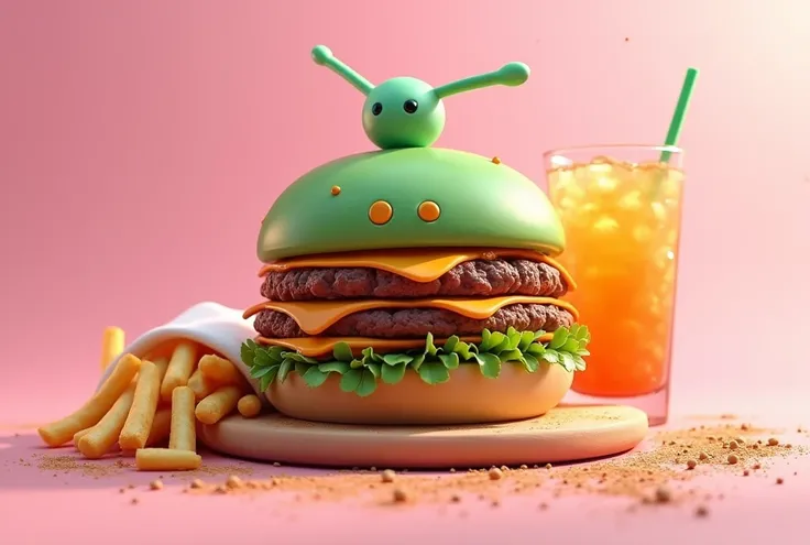 BIG hamburger with green colored bread and with alien , , this burger has a sweet and savory mix of :  beef with a barbecue sauce and a slice of Brie ,  antennas accompanied by french fries sprinkled with cinnamon and a large drink. Pastel pink background