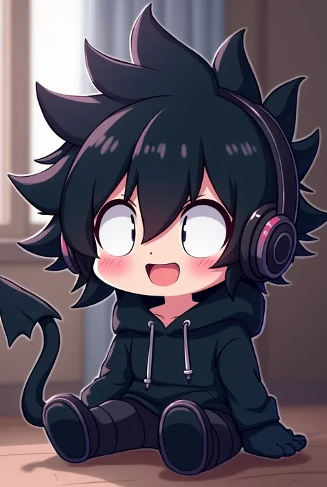 An anime pet chibi, super black with spikey hair, white eyes, smiles, Black big hoodie, has a demon tail, sitting and, hearing musics on its headphones