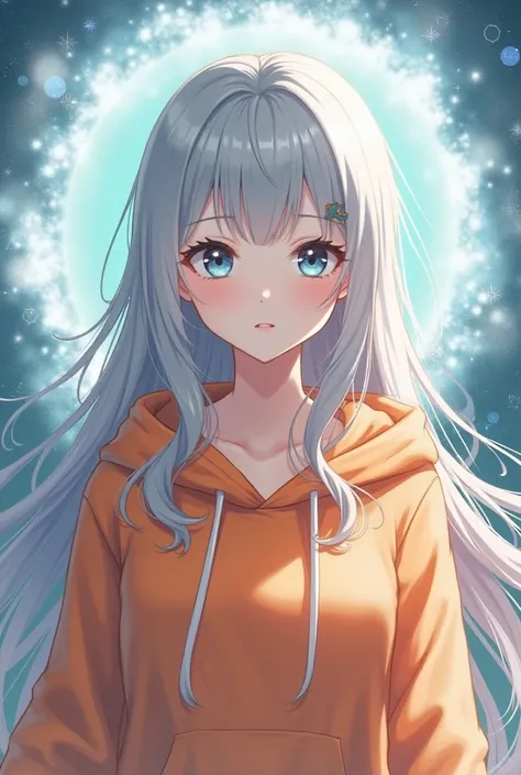  Beautiful Japanese Girl with Long Silver Hair、Idol singer、 Japanese anime style、Realistic、god々Vortex of Light 、 upper body、 orange hoodie