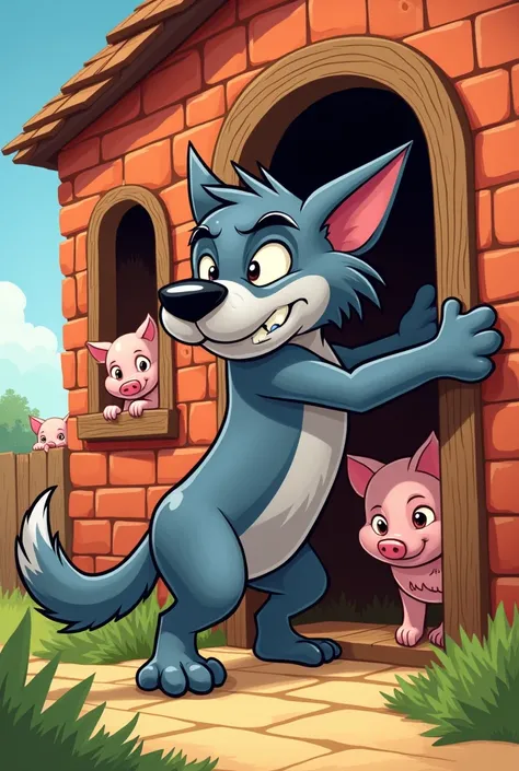 Cartoon illustration of a wolf blowing hard and his cheeks swollen and his eyes closed by the effort at the door of a brick house. Three little pigs appear out of a window of the house .