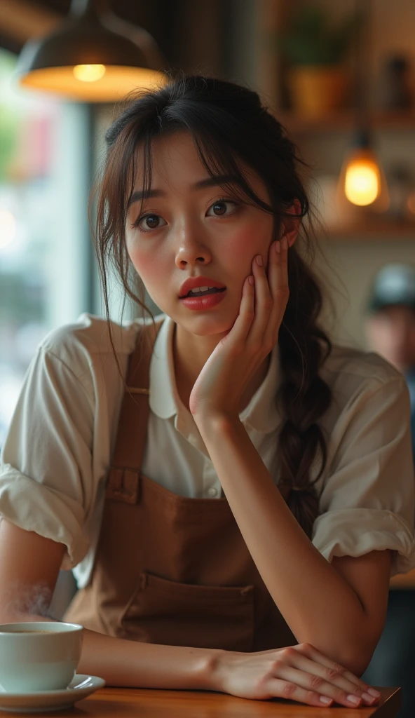 Specie:** A young 20 year old woman  
** Appearance:** Heart-shaped face with wide, startled eyes and lips slightly parted  
**Clothing:** A café uniform, brown appron, with a stained apron  
**Expressions:** Concerned and regretful  
**Pose / Action:** Le...