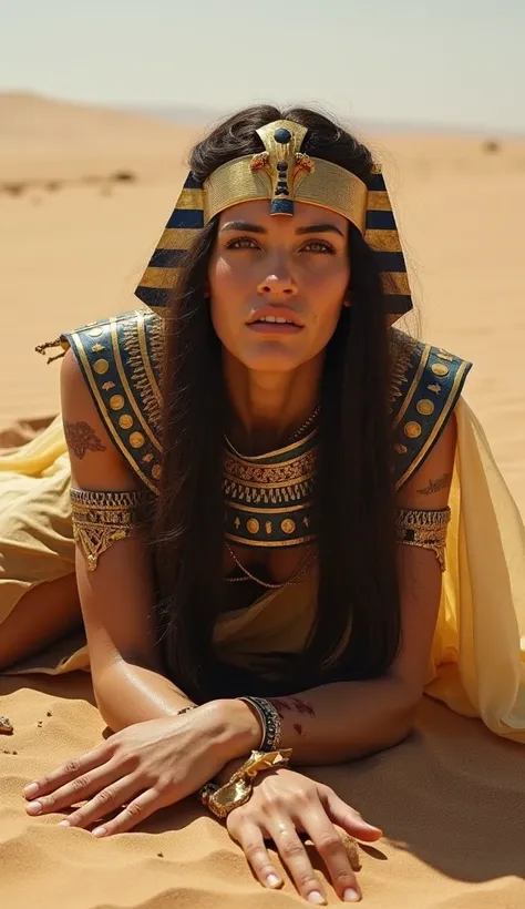 "A woman in ancient Egyptian attire, wearing a damaged Pharaohs outfit, lies on the desert sand. Her elaborate, golden headdress is tilted and broken, revealing strands of her long, dark hair. The ornate robes are torn and stained, reflecting the harsh des...