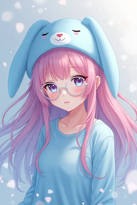 anime girl
pink and blue long hair
light blue sleep rabbit hat
circle white glassed
light blue sleep girl shirt 