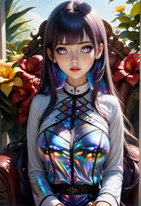 (masterpiece, aesthetic, detailed eyes, realistic), 1girl, mahiru shiina, Long smooth straight dark purple hair, inner dark iridescent hair, iridescent eyes, aesthetic curvy figure, sitting on throne in hentai uniform, super detail, best quality, 8k