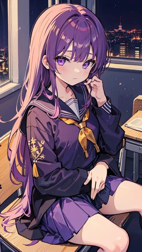 1 Girl, Midnight purple long hair ,  eyes with golden glow, Sitting in the classroom, white school modern uniform,  Japanese Cartoons