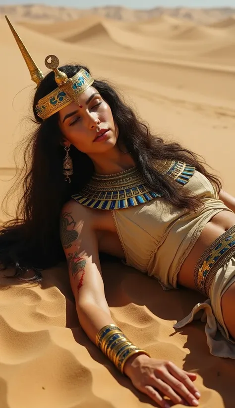 "A woman in ancient Egyptian attire, wearing a damaged Pharaohs outfit, lies on the desert sand. Her elaborate, golden headdress is tilted and broken, revealing strands of her long, dark hair. The ornate robes are torn and stained, reflecting the harsh des...