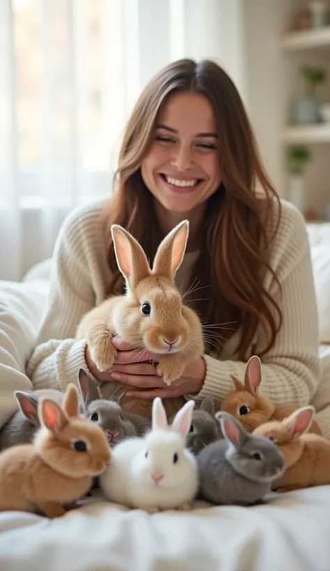 Create an image of a warm and cozy indoor scene. A rather larger than average lop-eared rabbit sits quietly surrounded by a flock of playful, fluffy lop-eared baby rabbits of various colors. The baby rabbits are snuggling up to the larger rabbit, resting o...