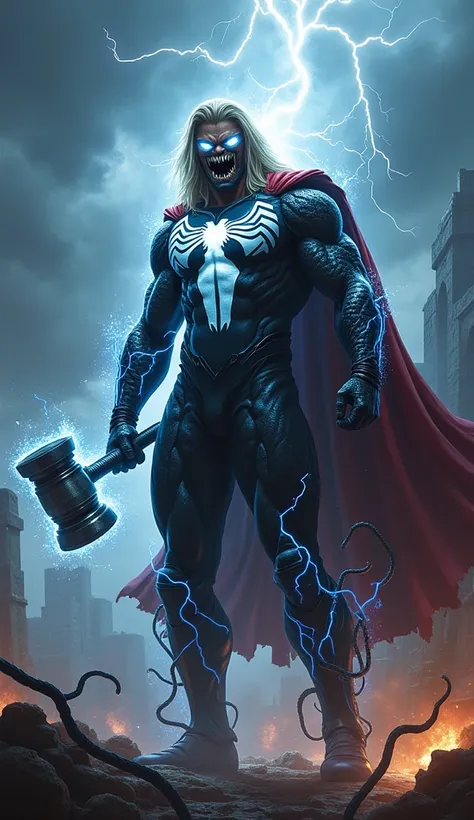 "A terrifying hybrid fusion of Thor and Venom, combining the godly power of Thor with the monstrous nature of Venom. The entity possesses Thors muscular frame and glowing lightning energy intertwined with Venoms black, sinewy symbiote texture, sharp teeth,...