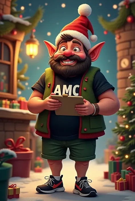 A male christmas elf in a Christmas grotto. He is wearing a black t-shirt with AMC on it in white text. He is well built but not chubby and wearing shorts with running trainers. He has kind eyes and a jolly face with a dark brown-grey speckled beard. He is...