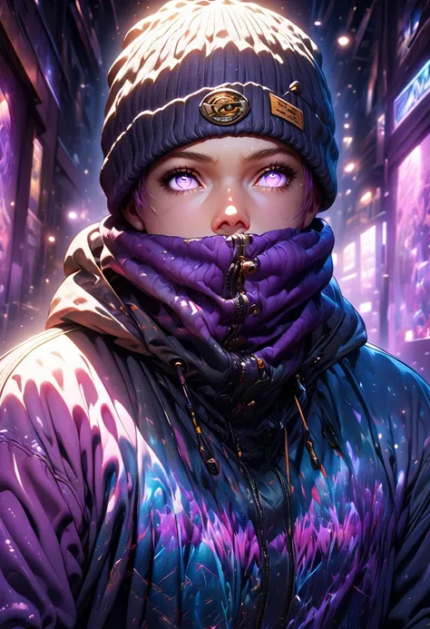 masterpiece, Highest quality, Highly detailed CG Unity 8k wallpaper, This illustration is based on a rapper and is very cool. It&#39;s big, purple hair, Sharp eyes and a knitted hat covering the face. Wear a hood over a knit hat. Wearing pants. He is weari...