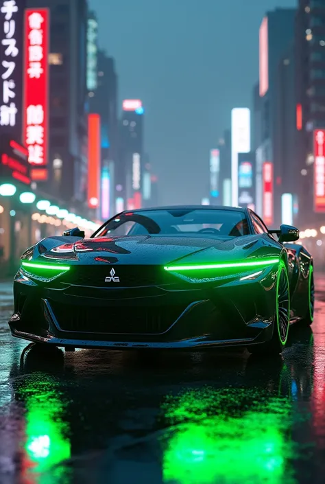 an ultra realistic photo of a new futuristic generation of a 2005 Mitsubishi Lancer Evolution with green LEDs and a large grille with magnetic wheels in a Japanese city in 2300