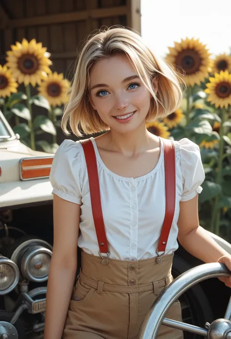 young woman, 28 years old,  blonde short hairstyle ,  blue eyes , 1940s, delicate face,  friendly smile,  white shirt, Suspenders, braune Kurthose, Sunflower background , old farm ,  leaning on tractor  