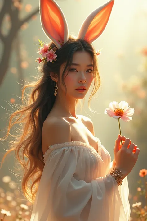 goddess,  beautiful  , Natural light,  realistic pictures  ,  A woman who looks like a real person, Fantasy, 토끼의 goddess, elegant,  colorful jewelry , sunlight,  long hair ,  hair blowing in the wind ,  female in her 20s ,  beauty ,  looking in front, Rabb...