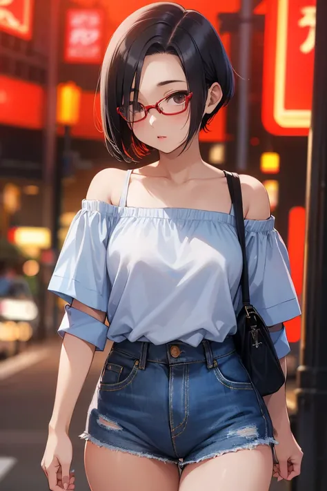 NSFW,masterpiece, best quality, high definition , very detailed,Ah-rinko 、 shorthair、 black hair、 bob cut 、 Off Shoulder Shirt , denim shorts, sneakers,Glasses, shoulder bag ,Red Light District