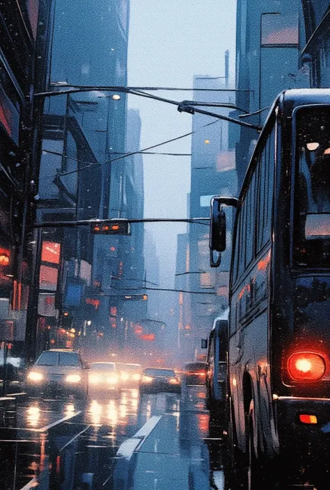 Cityscape on a rainy day 。 the cityscape seen through the glass and the blurry light of car headlights and brake lamps。 has countless drops of water on the glass 、 rain drops flowing 。 The overall color tone is soft 、 has a calm, bluish atmosphere 、 expres...